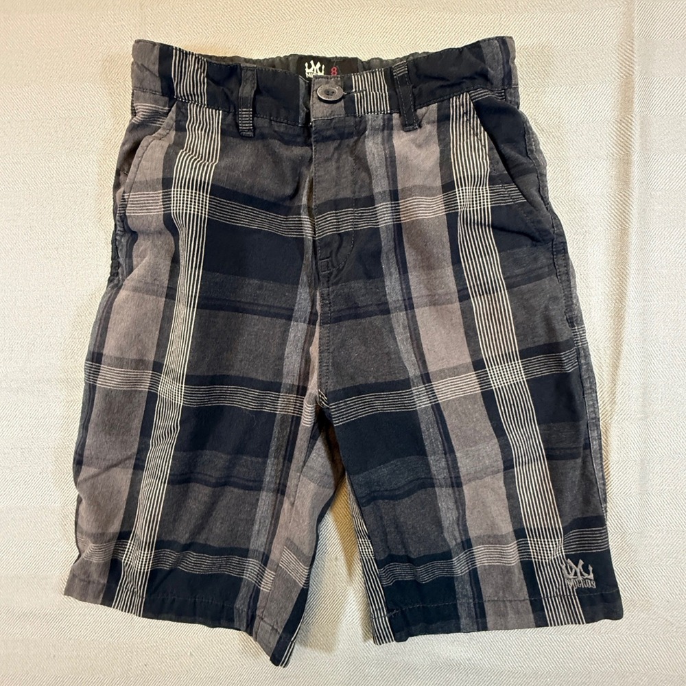 Micros Boys Plaid Shorts Size 8 Black Grey Adjustable Waist Flat Front 2092